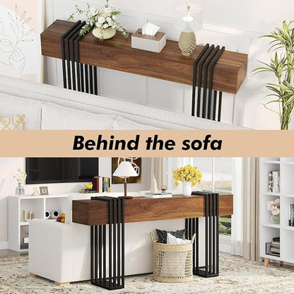 knoworld 63 Inch Long Console Table, Extra Thick Industrial Sofa Table Behind The Couch Rectangular Entryway Table for Entrance Hallway Living Room, Entire top Board & 4-Pipe Legs, Rustic Brown