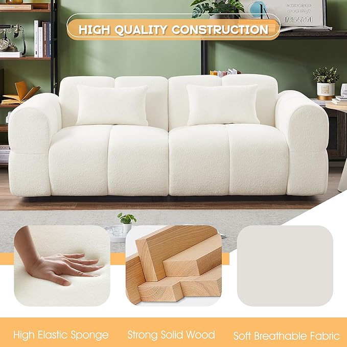 80" Modern Sofa Couch, Comfy Deep Seat Teddy Cloud Sofa, Upholstered 3-Seater Boucle Couch, Oversized Loveseat for Living Room, Bedroom, Office, Apartment(White)