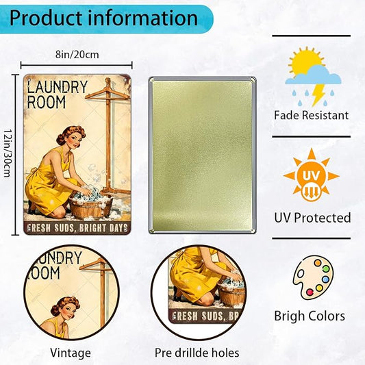 50s laundry Day Poster Metal Tin Sign Fresh Suds Bright Days Vintage Sign Utility Room Decor Retro Laundry Room Wall Art 12x8 Inch