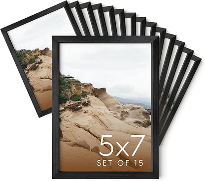 HAUS AND HUES 5x7 Black Metal Picture Frames - Black 5X7 Photo Frames - Features Premium Aluminum, Vertical Hanging, Easel Back for Tabletop, Home, Office (5x7 in, Black, Set of 15)