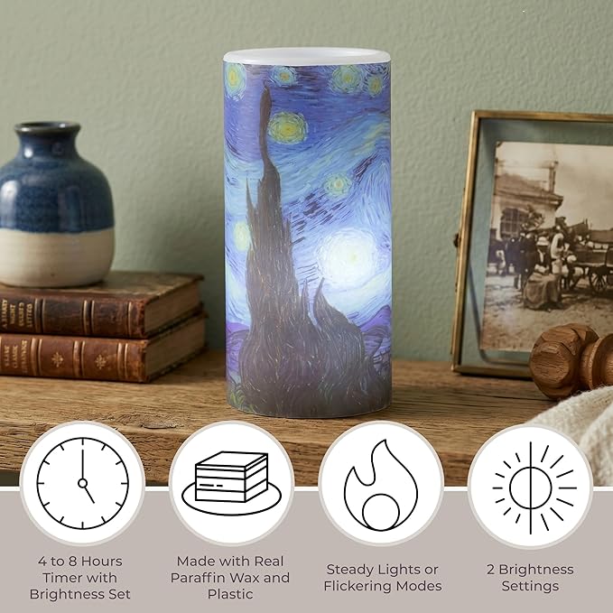 Lavish Home Flameless Candles -Van Gogh Starry Night Battery Operated Candles with Remote and Flickering Light for Home Décor