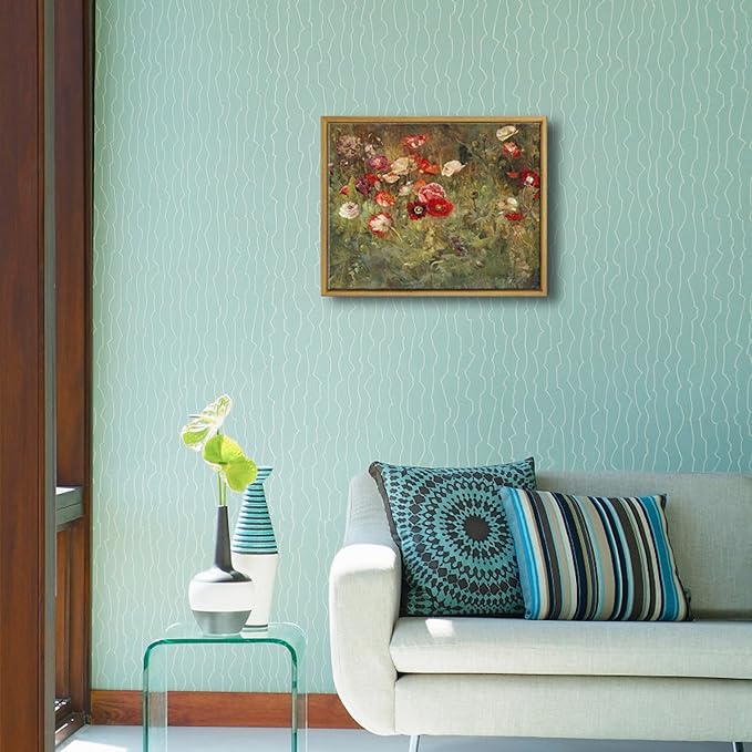 Pyradecor Vintage Wall Art Retro Home Decor Living Room Decor A Bed of Poppies Framed Canvas Wall Art Classical Floral Painting for Bedroom Office Decorations