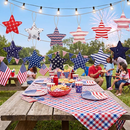Soulchen 12 Pcs 4th of July Patriotic Ornaments Red Blue White Fabric Star Hanging Ornament Stuffed Stripe Check Star Memorial Day Tree Decoration for 250th Anniversary Independence Veterans Day Decor