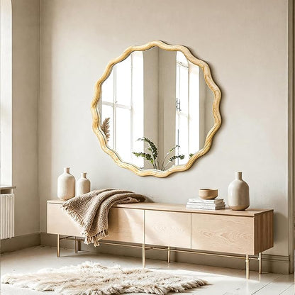 Circle Wood Mirrors for Wall, Wavy Round Bathroom Scalloped Mirror Wooden Frame 24 Inch for Living Room Farmhouse Bedroom Hallway Entryway Living Room with Shatterproof Glass Wall Mounted