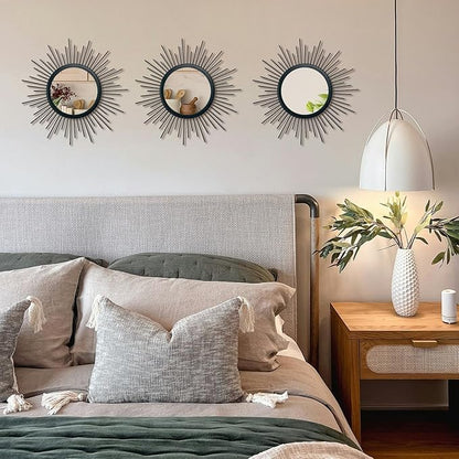 3 Set Sunburst Mirrors for Wall Decor Living Room Bedroom Bathroom Dining Room Metal Boho Sunburst Wall Mirror Set Gold Metal Vintage Circle Art Pack - Black 15.7 in