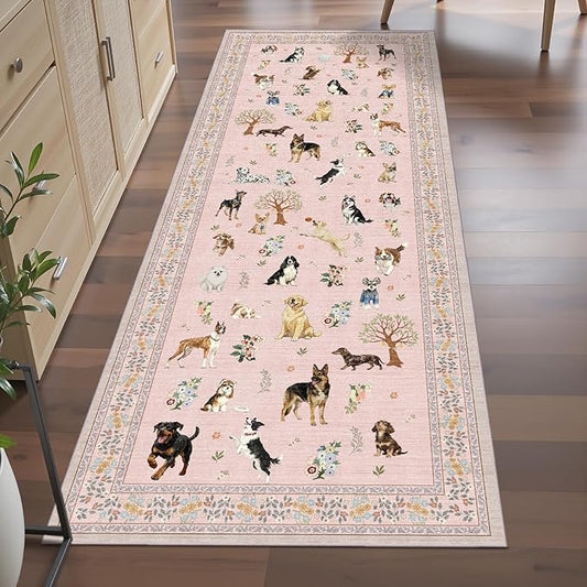 Pink Rug Runner for Hallways Kitchen Rug 2x6, Non Slip Washable Rugs with Rubber Backing Soft Floral Dog Carpet Runner for Hallways, Kitchen, Laundry, Bedroom, Bathroom