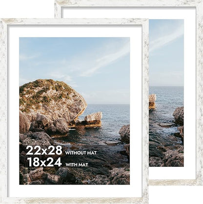 iRahmen 22x28 Poster Frame with 18x24 Mat - Plexiglass Wooden Picture Frames for Photo Wall Gallery Mounting (Distressed-White, Set of 2)