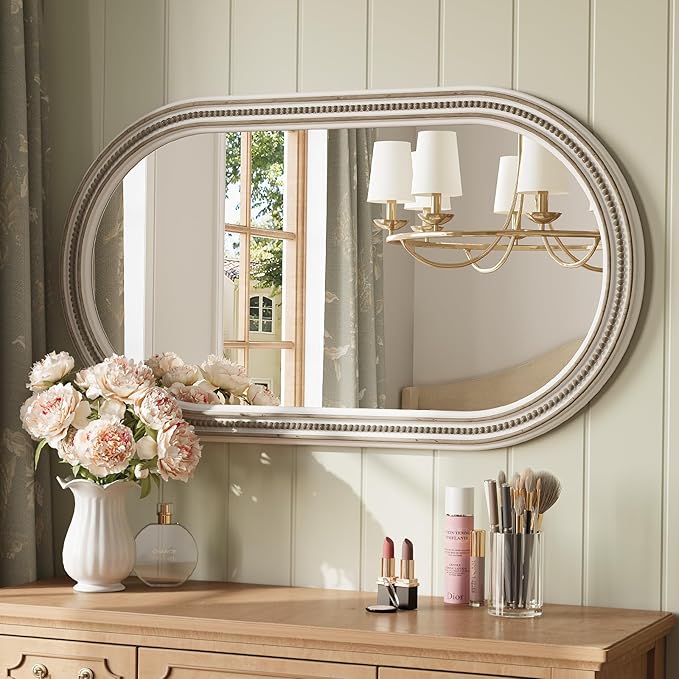 Farmhouse Boho Beaded Oval Arched Wall Mirror, 24" x 48" Rustic Wooden Large Wall Mirror for Bathroom, Bedroom, Entryway, Living Room, Hang Horizontally or Vertically.