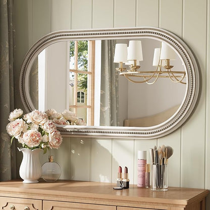 Farmhouse Boho Beaded Oval Arched Wall Mirror, 24" x 48" Rustic Wooden Large Wall Mirror for Bathroom, Bedroom, Entryway, Living Room, Hang Horizontally or Vertically.
