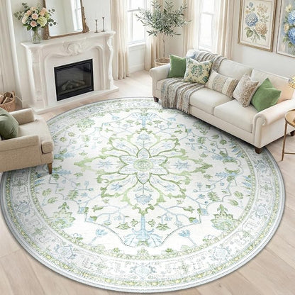 RELEANY Area Rugs Round 8ft Washable Non-Slip, Floral Vintage Distress Print Pattern Medallion Carpet for Living Room Bedroom Dining Room, Green White Blue