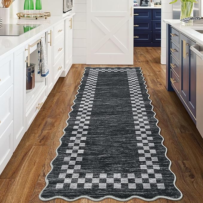 Washable Runner Rug 2x10 Modern Bordered Hallway Runner Rug Non Slip Kitchen Throw Carpet Checkered Bathroom Entryway Runner Rugs Low Pile Solid Area Rugs for Living Room Bedroom Nursery Sink, Grey
