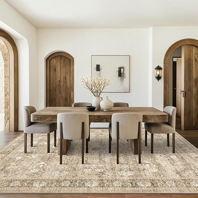 9x12 Beige Washable Area Rugs for Living Room Non Slip Low Pile Vintage Throw Rug Khaki Soft Retro Distressed Floral Large Carpet Indoor for Bedroom Dining Room Office Kitchen Playroom