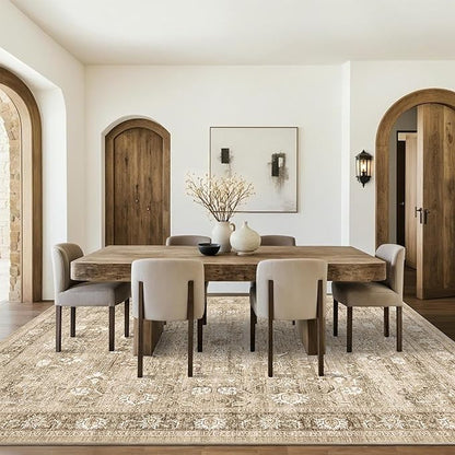 8x10 Beige Washable Area Rugs for Living Room Non Slip Low Pile Vintage Boho Throw Rug Khaki Soft Retro Distressed Floral Large Carpet Indoor for Bedroom Dining Room Office Kitchen Playroom