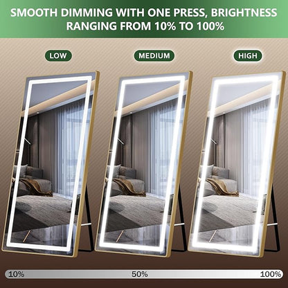 FENNIO Full Length Mirror with Lights, 70" x 32" LED Full Body Mirror, Free Standing Lighted Floor Mirror, Wall Mounted Hanging Mirror with Lights for Bedroom, Salon, Brushed Aluminum Frame, Gold