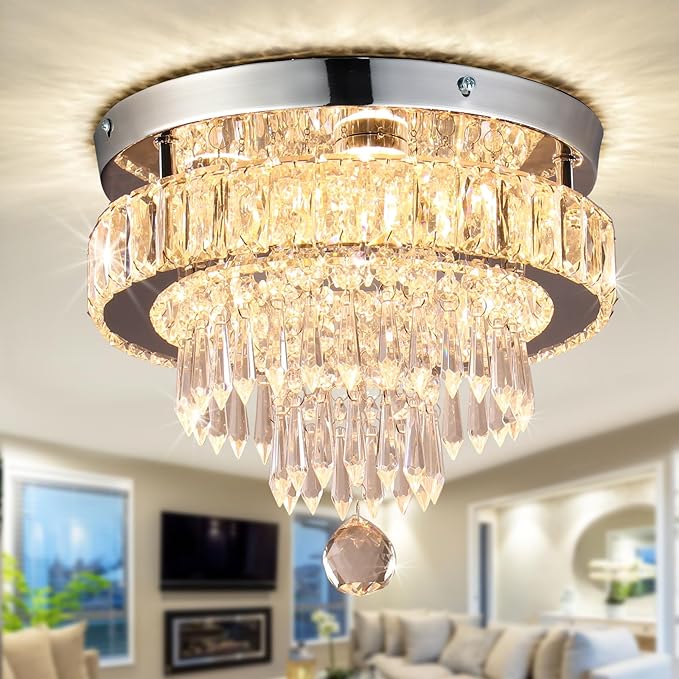 Crystal Chandeliers 11.8" Modern Crystal Light Fixtures LED Flush Mount Chandelier Ceiling Light Chandeliers for Bedrooms Living Room Dining Room Chrome (Warm White)