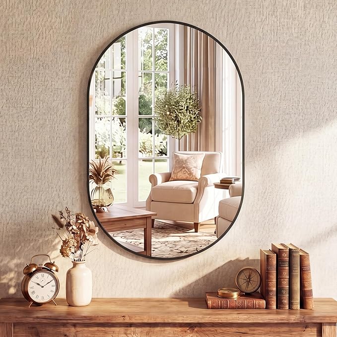 NEWBULIG 24" x 36" Oval Bathroom Mirror, Black Wall Mirror with Metal Frame, Tempered Glass, Morden Vanity Mirror for Over Sink, Entryway, Living Room, Bedroom, Horizontal or Vertical