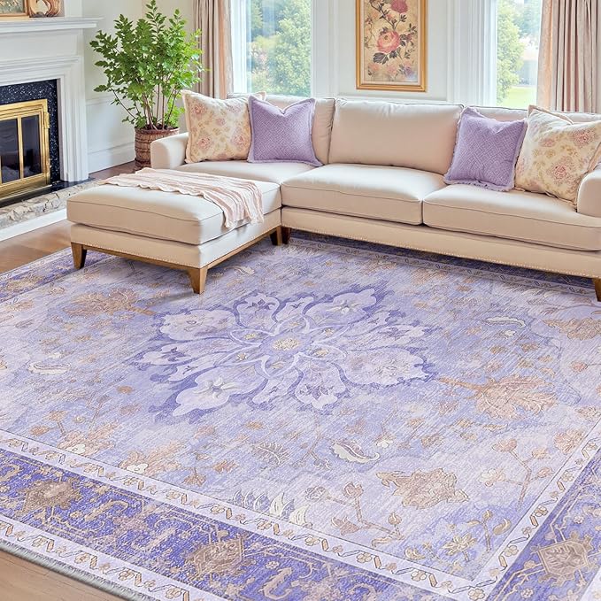 RELEANY Area Rugs 7'x10' Washable Non-Slip, Floral Vintage Distress Print Pattern Medallion Carpet for Living Room Bedroom Dining Room, Light Purple Brown