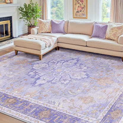 RELEANY Area Rugs 7'x10' Washable Non-Slip, Floral Vintage Distress Print Pattern Medallion Carpet for Living Room Bedroom Dining Room, Light Purple Brown