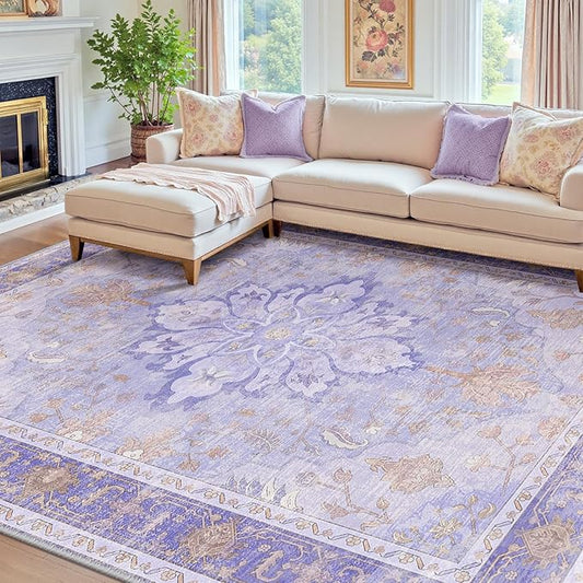 RELEANY Area Rugs 7'x10' Washable Non-Slip, Floral Vintage Distress Print Pattern Medallion Carpet for Living Room Bedroom Dining Room, Light Purple Brown