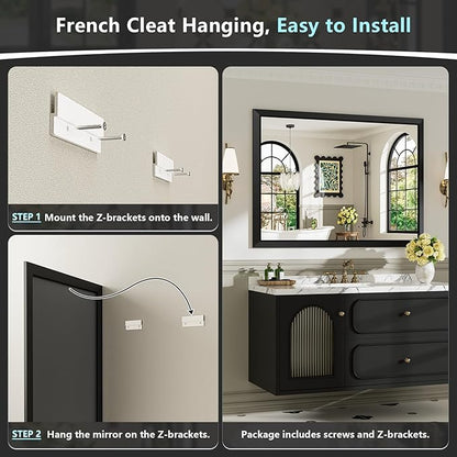 40x32 Inch Black Bathroom Mirror for Wall, Beveled Framed Rectangle Bathroom Vanity Mirrors for Over Sink, Bedroom, Living Room, Entryway, Anti-Rust, HD Tempered Glass, Horizontally/Vertically