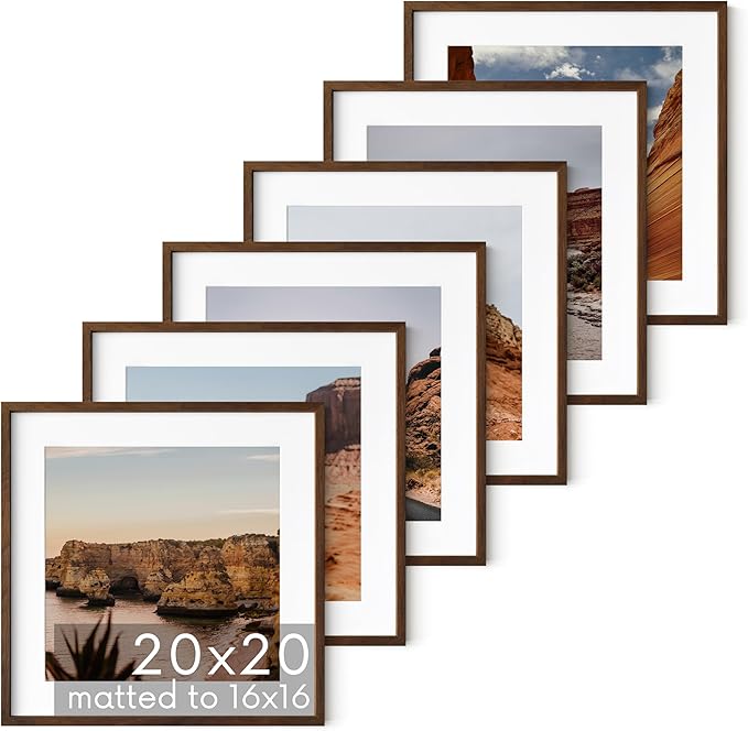 HAUS AND HUES Walnut Oak Wood 20x20 Picture Frames - Set of 6, Square Frames with Mat, Elegant Frames for Posters and Artwork (20x20 in, Walnut, Set of 6)
