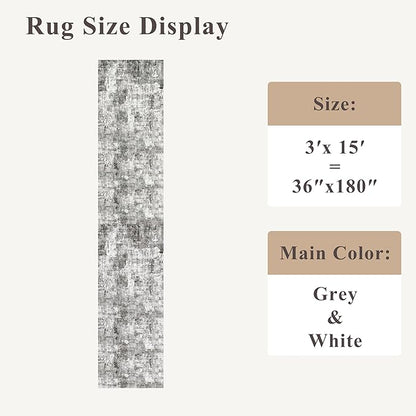 3x15 Ft Long Hallway Runner Rug - Non-Slip Washable Kitchen Runner Rug with Rubber Backing | Modern Abstract Wide Floor Carpet Runner for Indoor Entryway, Bedroom, Living Room（Grey）