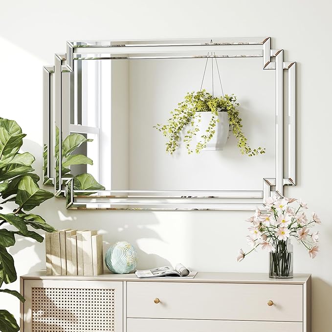Modern Large Living Room Mirror with Mirrored Frame for Home Decor, 24" X 36" Decorative Wall Mirror with Glass Pieces and Beveled Edge for Dining Room, Bathroom, Entryway, Dressing Room