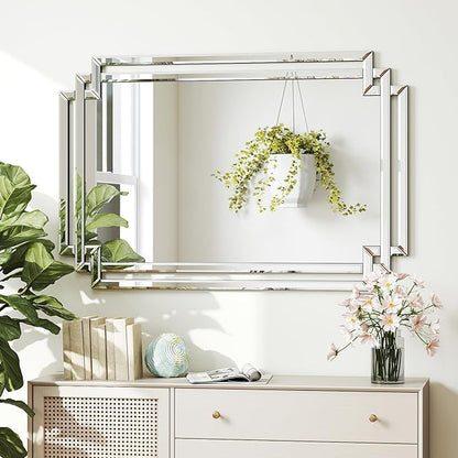 Modern Large Living Room Mirror with Mirrored Frame for Home Decor, 24" X 36" Decorative Wall Mirror with Glass Pieces and Beveled Edge for Dining Room, Bathroom, Entryway, Dressing Room