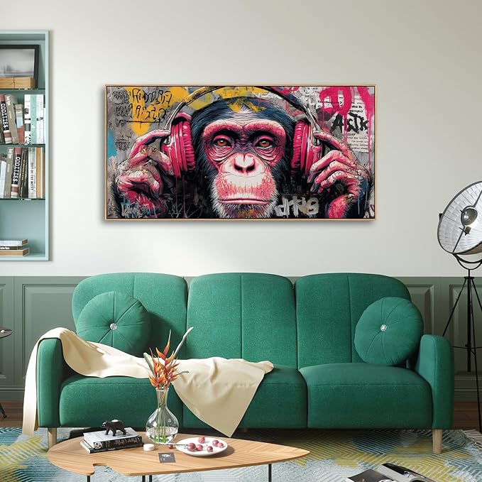 Sorbrozo DJ Gorilla Street Wall Art Print - Colorful Graffiti Canvas Painting with Headphones Music Theme Wall Decor for Boys Room Home and Office 24X48in