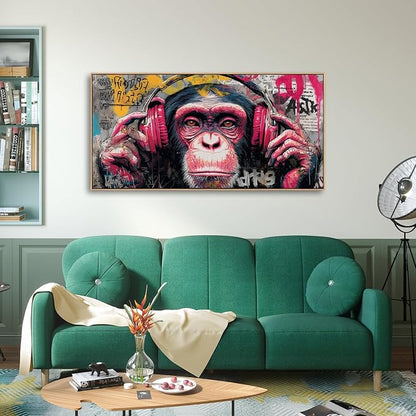 Sorbrozo DJ Gorilla Street Wall Art Print - Colorful Graffiti Canvas Painting with Headphones Music Theme Wall Decor for Boys Room Home and Office 24X48in