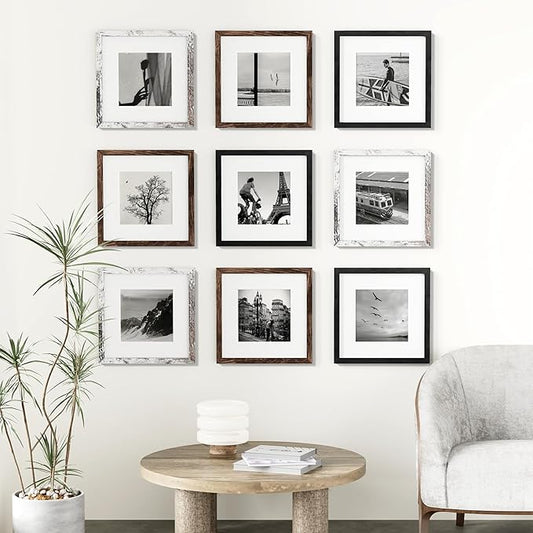 Vittanly 12x12 Picture Frames Set of 9, Display 8x8 Pictures with Mat or 12x12 without Mat, Photo Frames for Wall Mount, Engineered Wood, Black&Brown&Distressed White