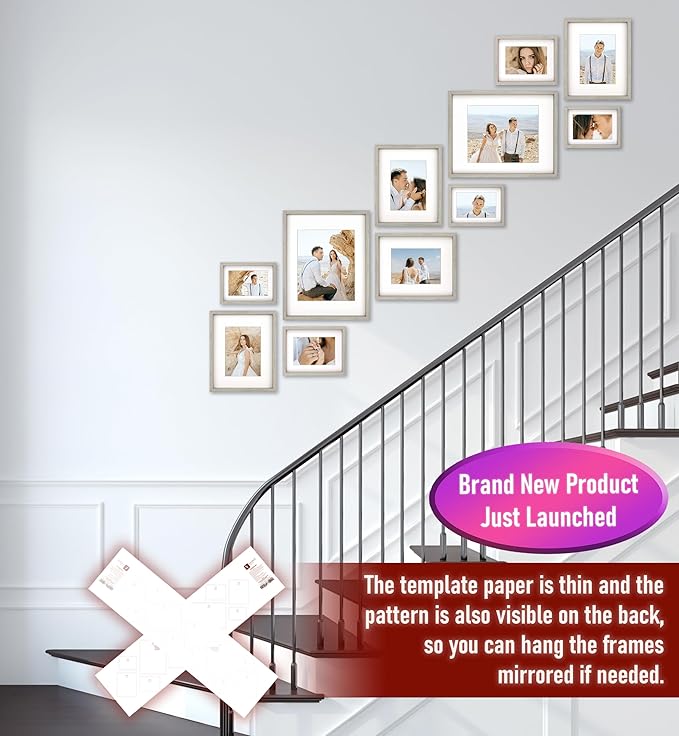 VELISTA 11 Piece Stair Picture Frame Set for Wall – Shadow Box Stairwell Gallery Wall Frame Set -Stairway Décor for Walls - Ladder Picture Frames 4x6, 5x7, and 8x10 in - Staircase Wall Décor (Gray)