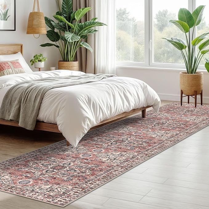 KOZYFLY Long Runners for Hallways 2x10 Ft Washable Kitchen Runner Rug Boho Style Entryway Rug Indoor Printed Faux Wool Stair Runner Carpet for Stairs Bedroom Kitchen Hall, Red Salmon/Pink/Navy