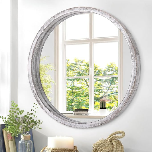 JJUUYOU Circle Wall Mirror 16 Inch Round Wall Mirror for Bathroom, Rustic White Farmhouse Mirror Washroom Wall Mounted Wood Frame Mirror for Living Room, Bedroom, Dorm