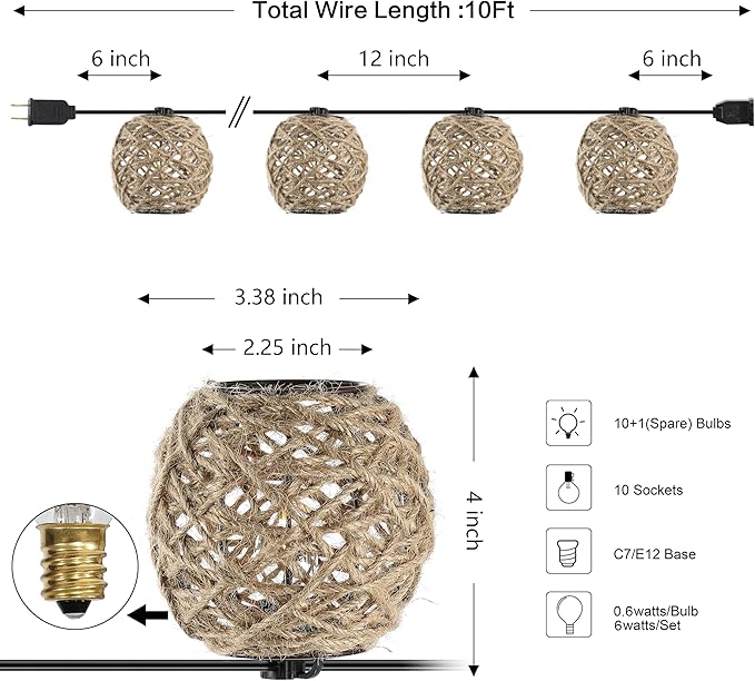 JONATHAN Y 10' 10-Light Rustic Coastal LED String Lights, Light Brown Hemp Rope Shaded Globe Lights for Indoor Outdoor Patio Porch, Bohemian Decor, LED Bulbs Included JYL8710A