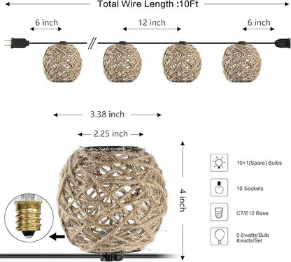 JONATHAN Y 10' 10-Light Rustic Coastal LED String Lights, Light Brown Hemp Rope Shaded Globe Lights for Indoor Outdoor Patio Porch, Bohemian Decor, LED Bulbs Included JYL8710A