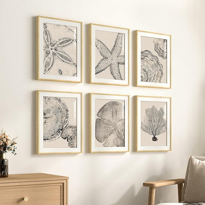 Framed Coastal Wall Art for Living Room, 6 Piece Neutral Black Beige Modern Abstract Prints Artwork, Ocean Coral and Beach Tree Ring Pictures for Bedroom Dining Room Bathroom Wall Decor 11x14 In
