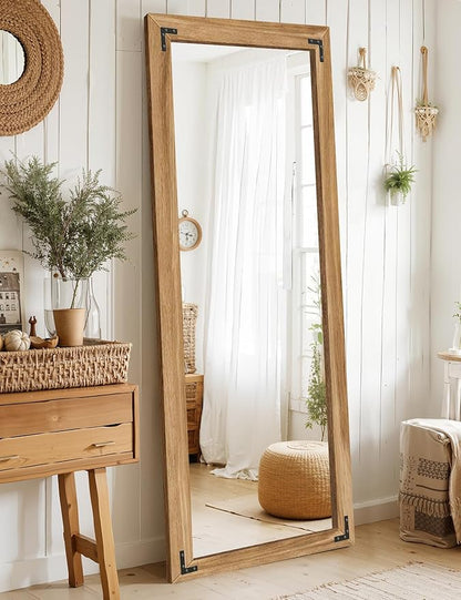TRAHOME Full Length Mirror with Wooden Frame, 65"X24" Solid Wood Standing Floor Mirror for Farmhouse, Bathroom, Bedroom, Hanging or Leaning Wall-Mounted