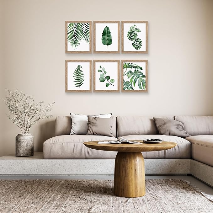 Framed Botanical Wall Art Prints Set of 6 - Tropical Leaves Canvas With Frame, Plant Leaf Boho Pictures, Green Art Posters for Bedroom (Leaf Wall Art, 8"x10" Framed)