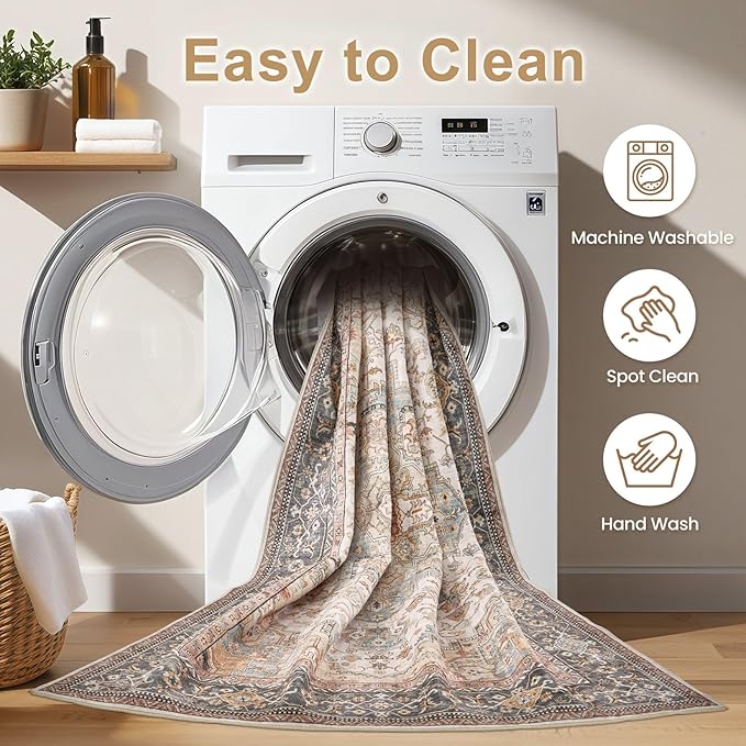EIEIHOUSE Washable Area Rugs for Living Room -7x10 Vintage Floral Farmhouse Large Soft Floor Rug Indoor Carpet for Living Room Bedroom Dining Room Office - Forest Green Orange