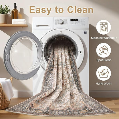 EIEIHOUSE Washable Area Rugs for Living Room -7x10 Vintage Floral Farmhouse Large Soft Floor Rug Indoor Carpet for Living Room Bedroom Dining Room Office - Forest Green Orange