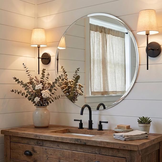 24 Inch Round Frameless Bathroom Mirror with Solid Backing, Beveled Edge Circle Vanity Mirror for Over Sink, Small Wall Mirror for Entryway Bedroom Decor