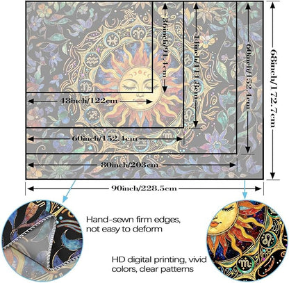 Neasow Mystic Hippie Sun Tapestry, Twelve Constellation Aesthetic Astrology Wall Art, Boho Stained Glass Floral for Living Room Bedroom Home Decor, 36x48 inches