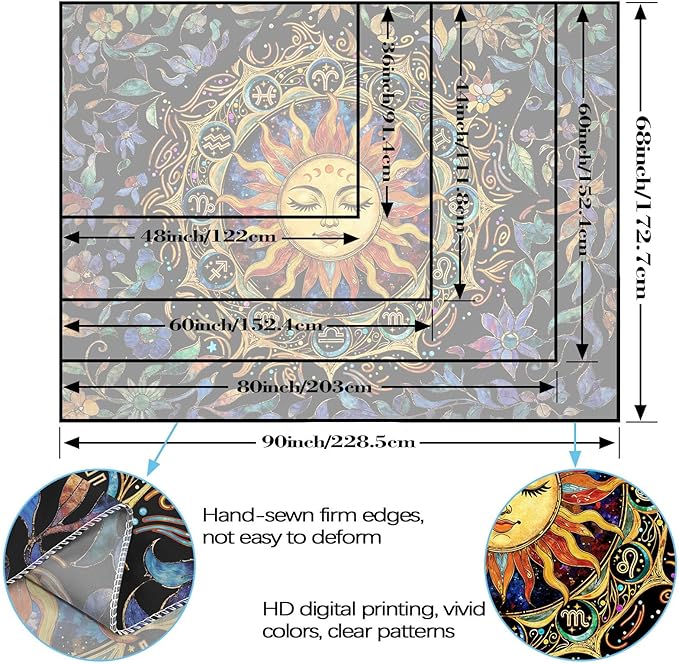 Neasow Mystic Hippie Sun Tapestry, Twelve Constellation Aesthetic Astrology Wall Art, Boho Stained Glass Floral for Living Room Bedroom Home Decor, 44x60 inches