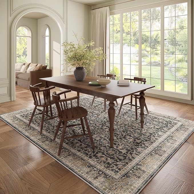 Washable 6x9 Area Rugs for Living Room, Boho Non-Slip Vintage Distress Large Rugs for Bedroom Dining Room Nursery Office, 0.3" Neutral Oriental Throw Thin Carpet, Black/Blue/Multi,A1