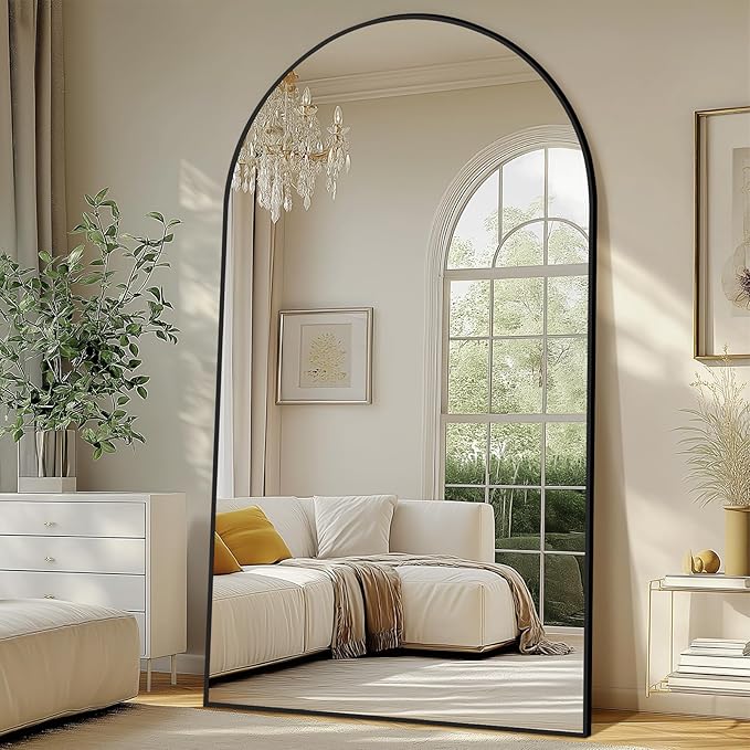 Large Standing Mirror Full Length, 82"X44" Oversized Arched Floor Mirror Black Full Length Mirror with Stand, Hanging or Wall Mounted for Bedroom Living Room Clothing Store Gym, Tempered Glass
