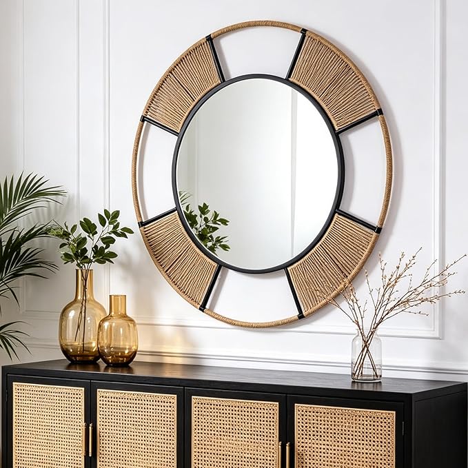 42'' Coastal Large Round Rope Mirror, Nautical Mirror with Detachable Rattan & Black Metal Frame, Farmhouse Mirrors for Rustic Boho Bathroom, Bedroom, Living Room, or Entryway