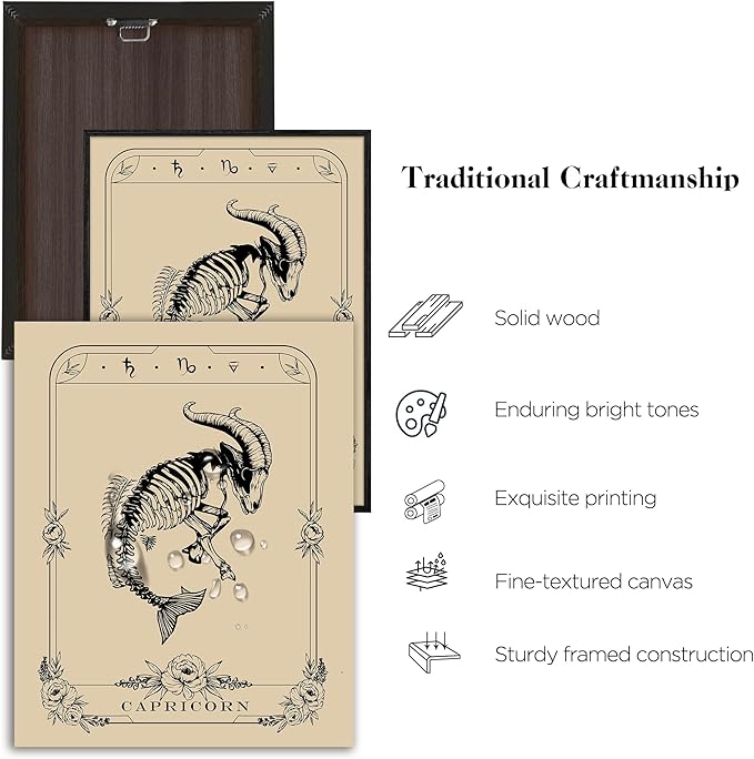 SERIMINO Witchy Framed Wall Art, Capricorn Tarot Canvas Prints Paintings, Horoscope Dark Academia Home Decor Aesthetic, 16x24inch Gothic Wall Decor for Room