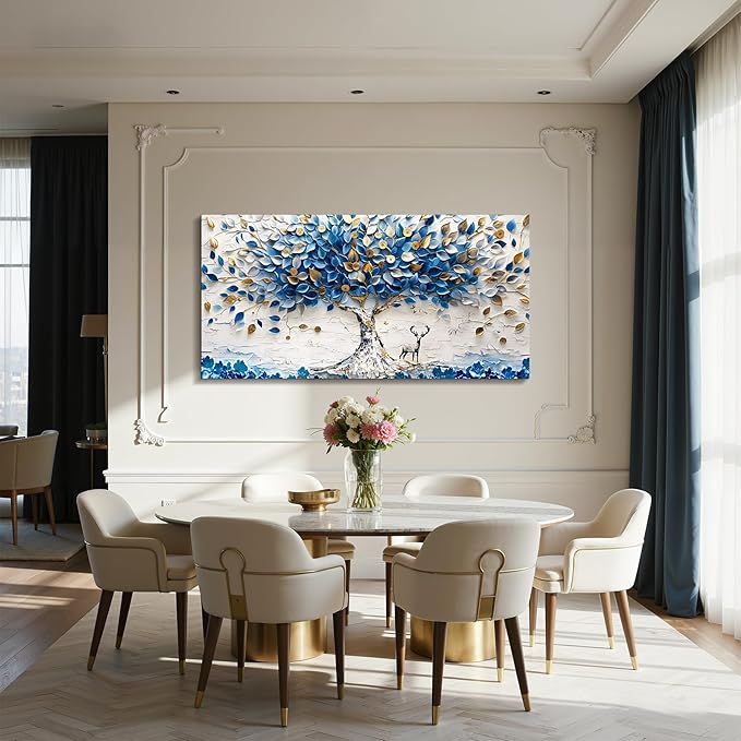 imjiayu Tree of Life Wall Art, Large Wall Decor, Blue Wall Art, White Gold Money Tree Prints, Modern Feng Shui Decor, Abstract Canvas Paintings Wall Decor Living Room Bedroom Office Hallway 24"x48"