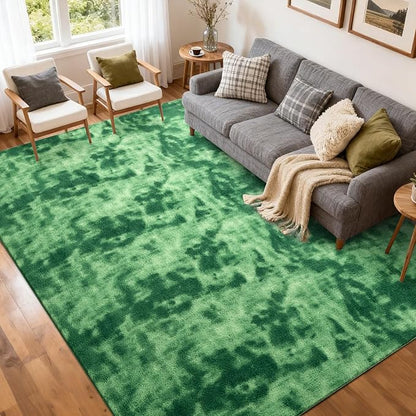 FinRèc 5x7 Washable Area Rugs for Bedroom Living Room, Low Pile Thin Ultra Soft Shag Rug, Non-Slip Carpet Indoor for Home Decor (Tie-dye Green)